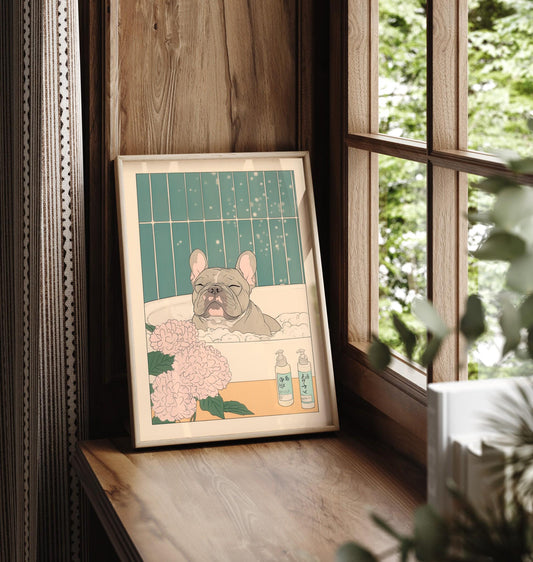 French Bulldog Bathroom Print: Japanese Ukiyo-e Art, Neutral Decor