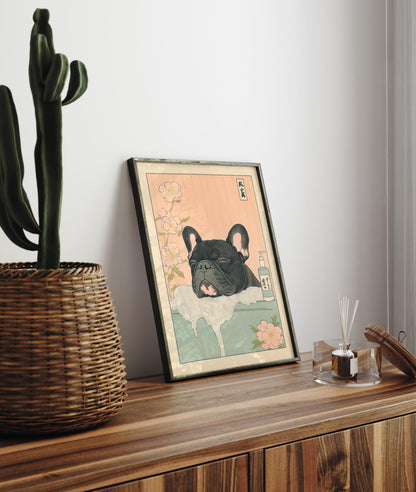 Black French Bulldog Bathroom Print: Japandi Ukiyo-e Dog Art
