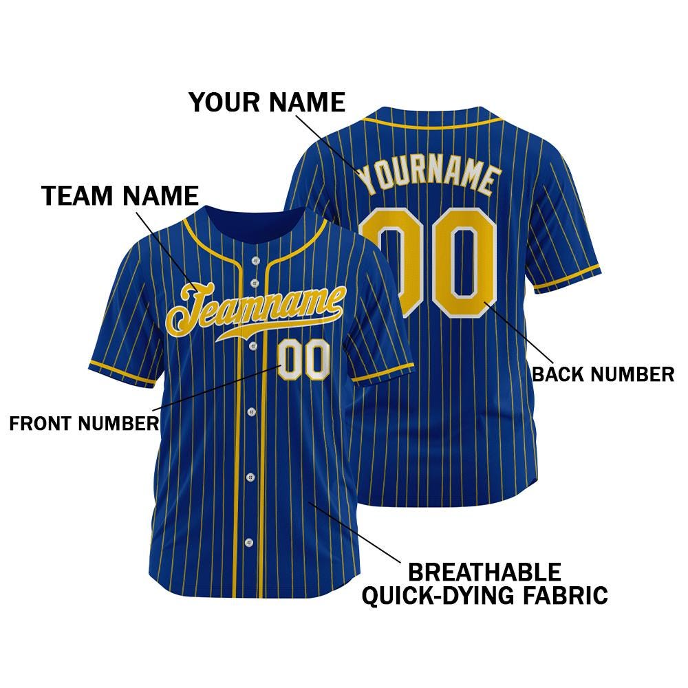 Custom Pinstripe Baseball Jersey, Personalized Team Name Number Logo, Blue Gold Shirt for Men Women Youth Kids, Baseball Softball Gift