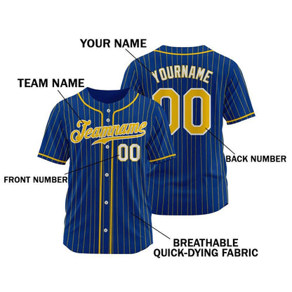 Custom Pinstripe Baseball Jersey, Personalized Team Name Number Logo, Blue Gold Shirt for Men Women Youth Kids, Baseball Softball Gift