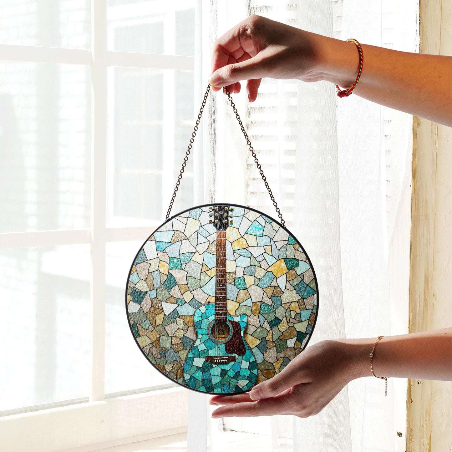 Stained Glass Guitar Suncatcher Handmade Window Decor Gift for Music Lovers