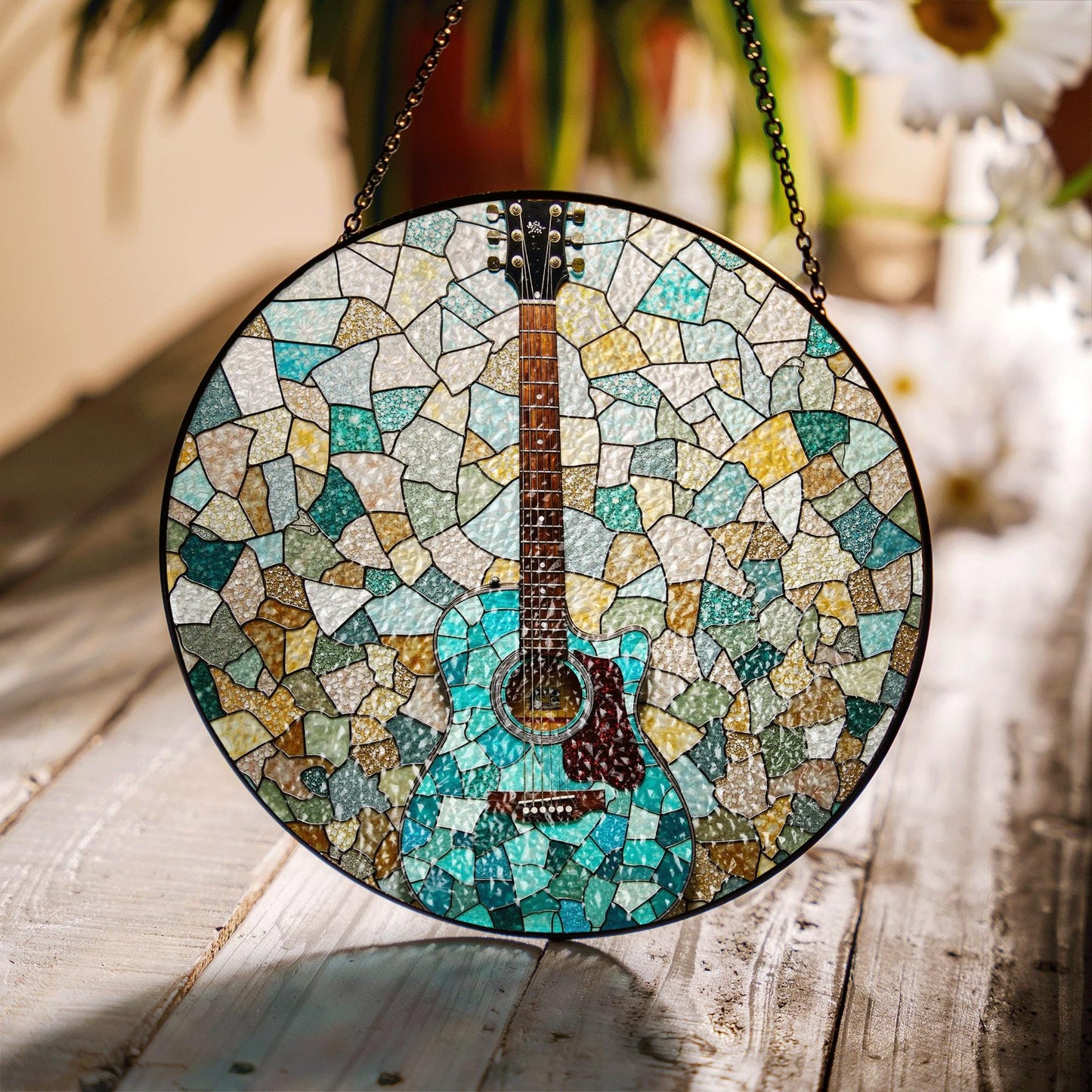 Stained Glass Guitar Suncatcher Handmade Window Decor Gift for Music Lovers