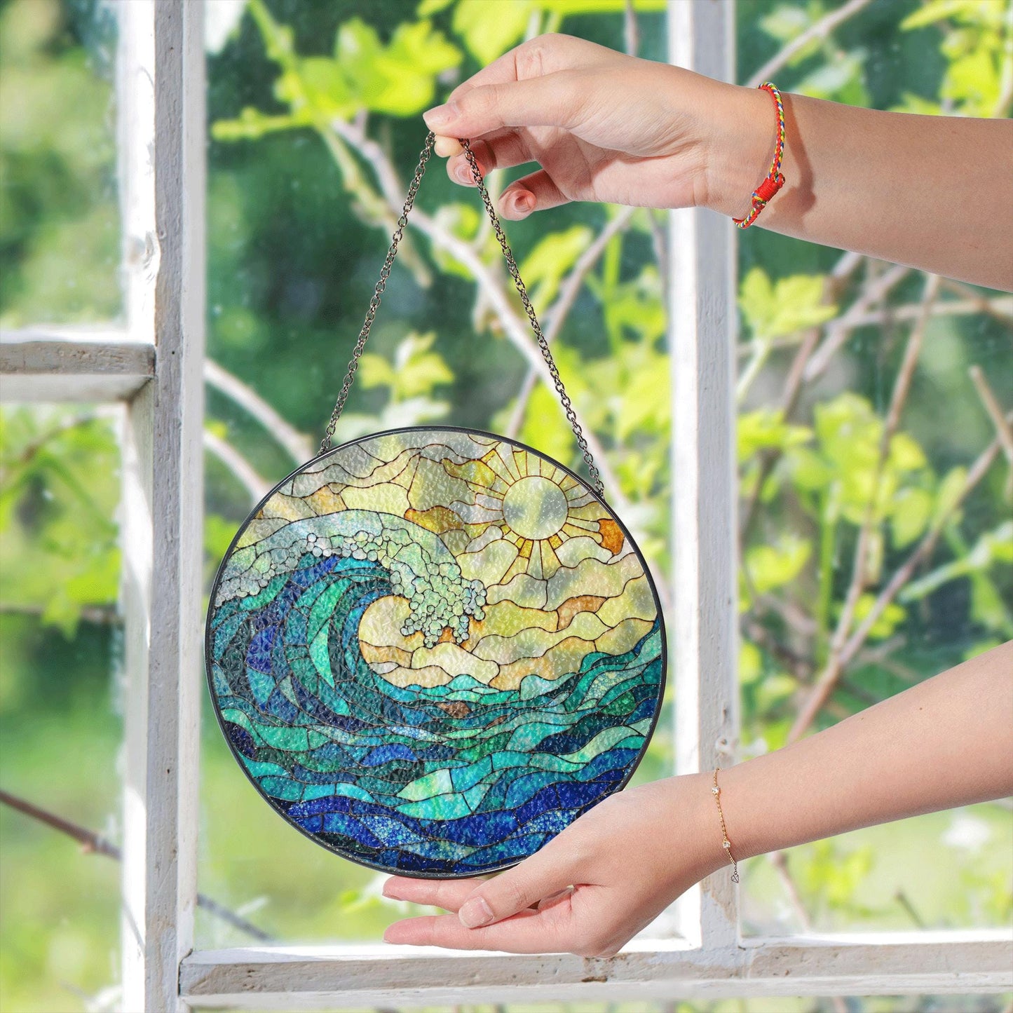 Ocean Wave Stained Glass Suncatcher Window Hanging Gift for Beach Lovers