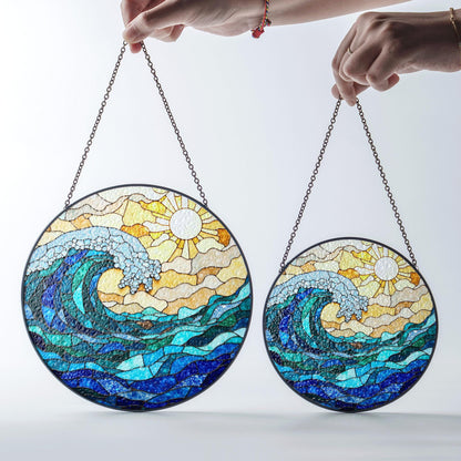 Ocean Wave Stained Glass Suncatcher Window Hanging Gift for Beach Lovers