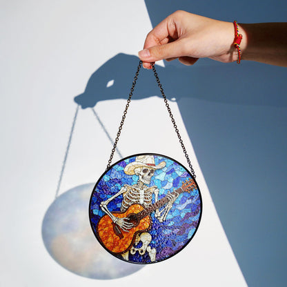 Skeleton Cowboy Playing Guitar Stained Glass Suncatcher Gift for Music Lovers