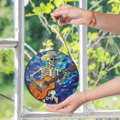 Skeleton Cowboy Playing Guitar Stained Glass Suncatcher Gift for Music Lovers