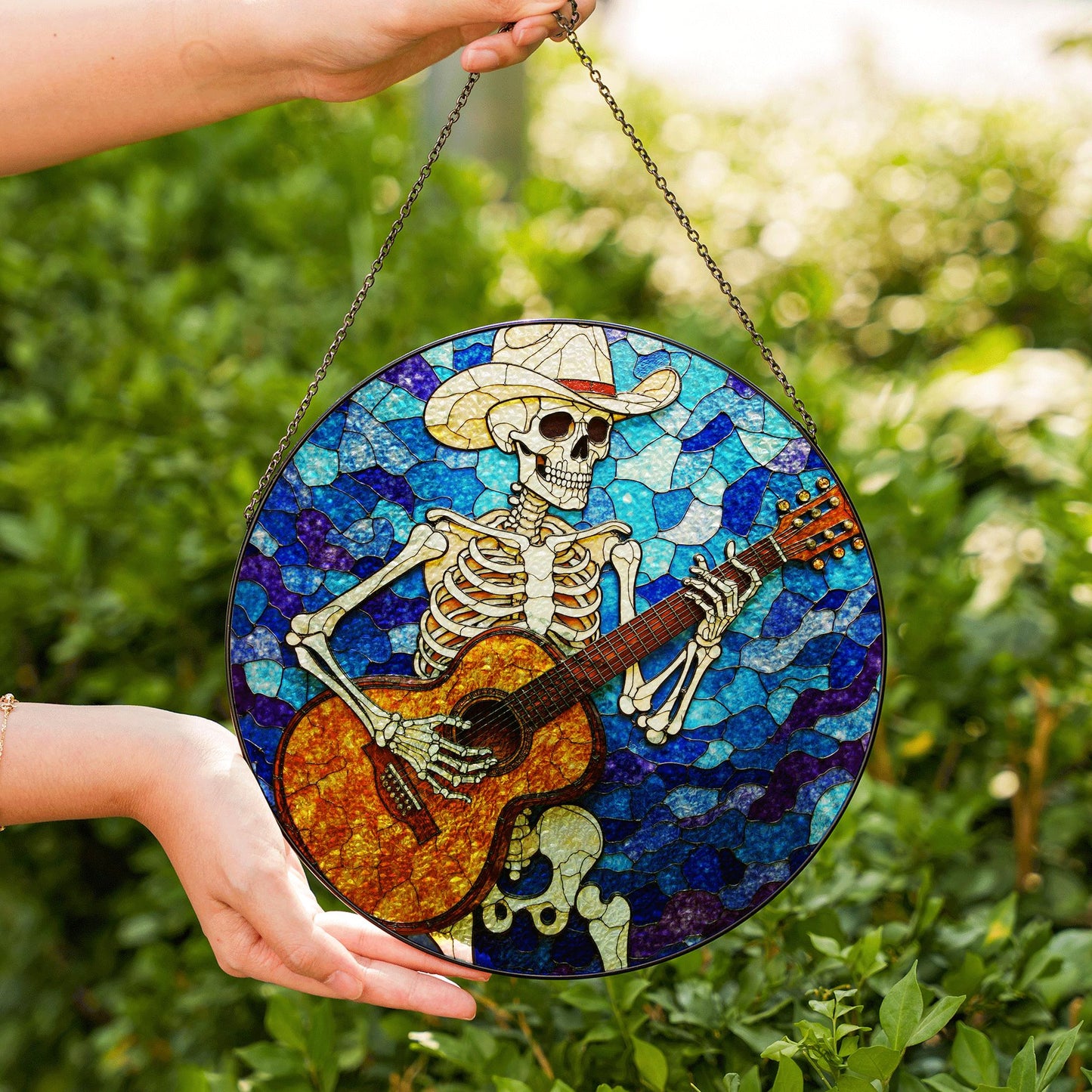 Skeleton Cowboy Playing Guitar Stained Glass Suncatcher Gift for Music Lovers