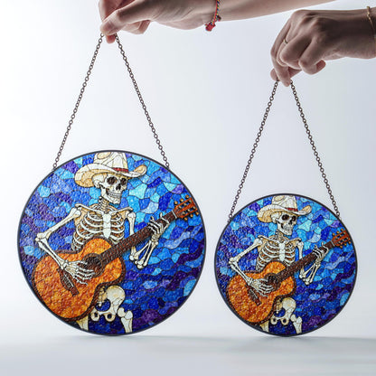 Skeleton Cowboy Playing Guitar Stained Glass Suncatcher Gift for Music Lovers