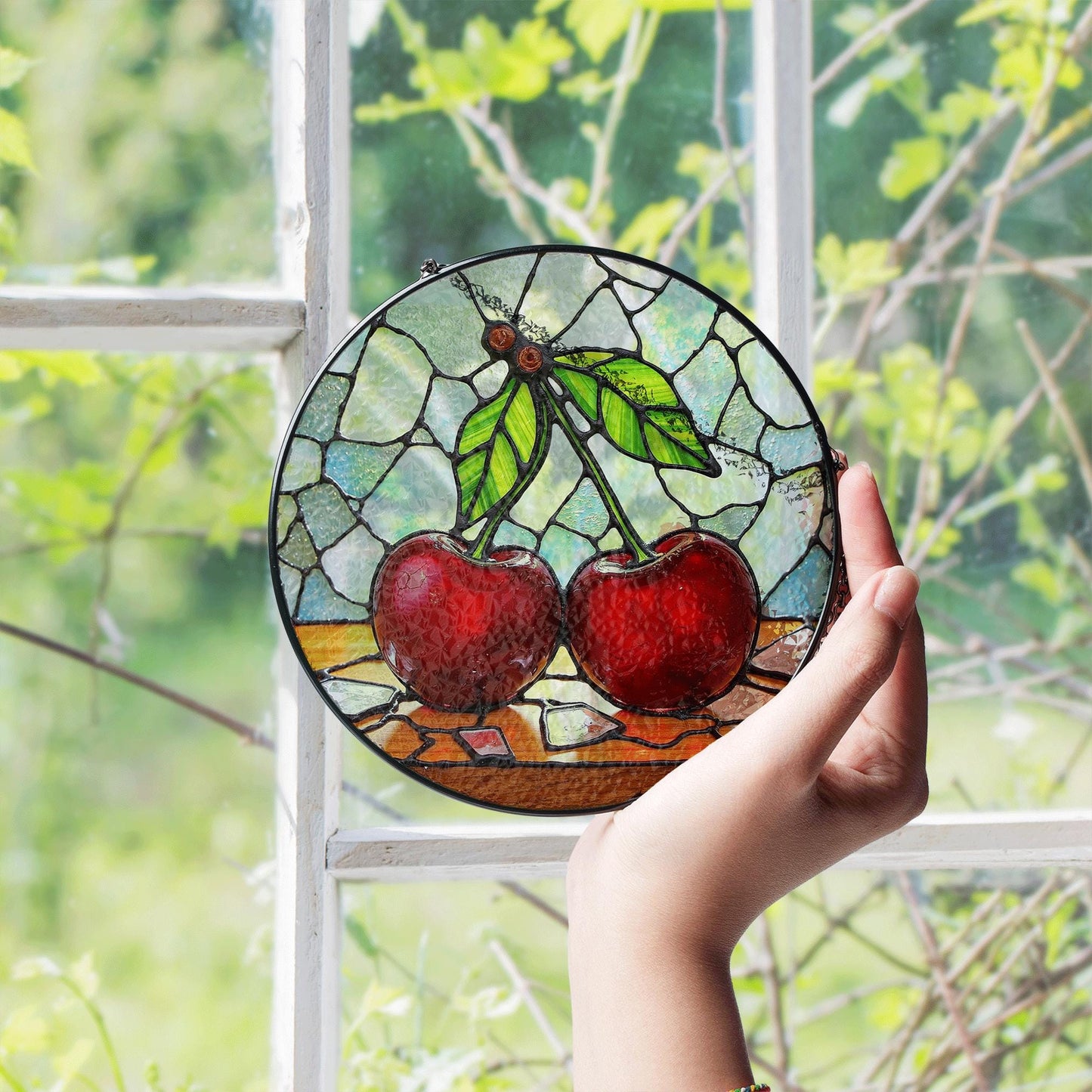 Cherry Stained Glass Suncatcher Window Hanging Gift for Mom Birthday