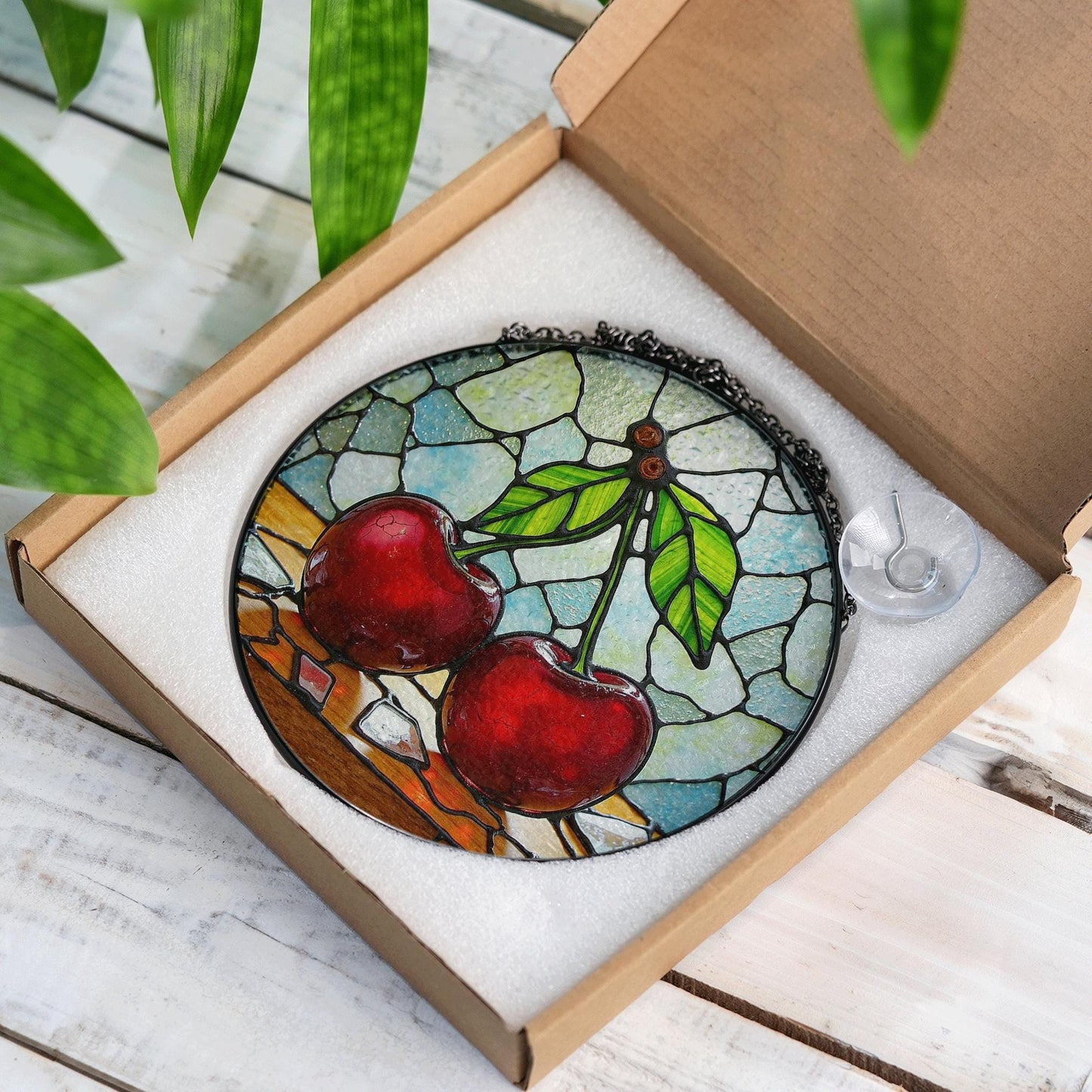Cherry Stained Glass Suncatcher Window Hanging Gift for Mom Birthday