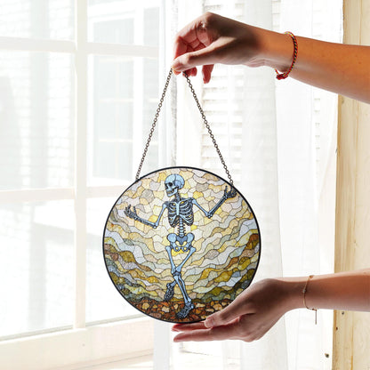 Dancing Skeleton Stained Glass Suncatcher Halloween Decor Gift for Goth Lovers