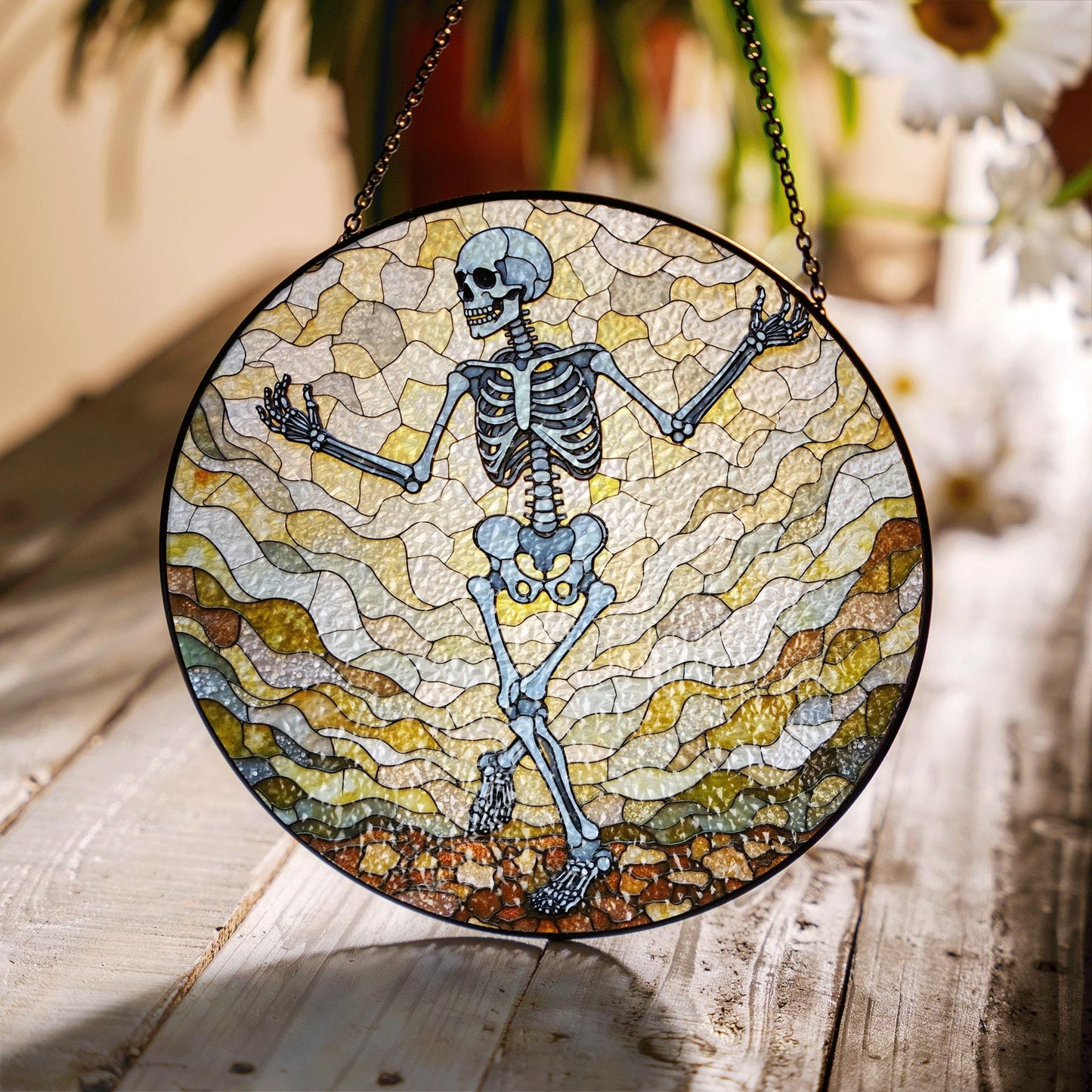 Dancing Skeleton Stained Glass Suncatcher Halloween Decor Gift for Goth Lovers