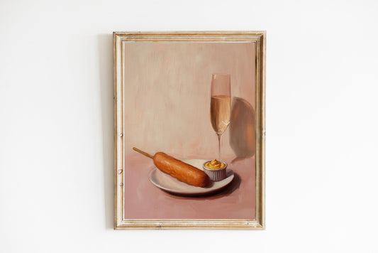 Champagne and Corndog Fine Art Print | Cute Quirky Whimsical | Cocktail Art Bar Cart Decor | Trendy Home Wall Art | Corndog Wall Art Gift