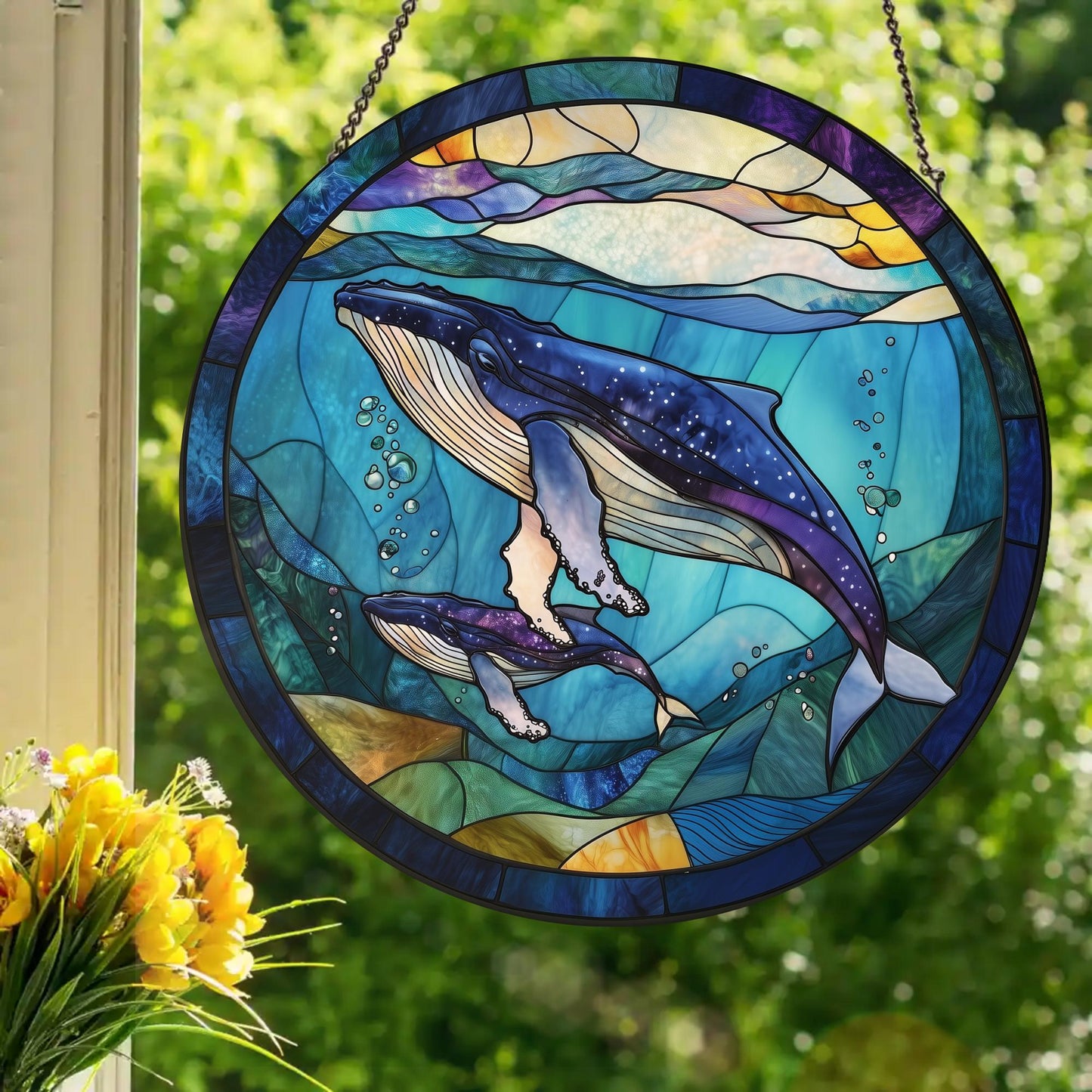 Humpback Baby and Mama: Stained Glass Style Window Hanging