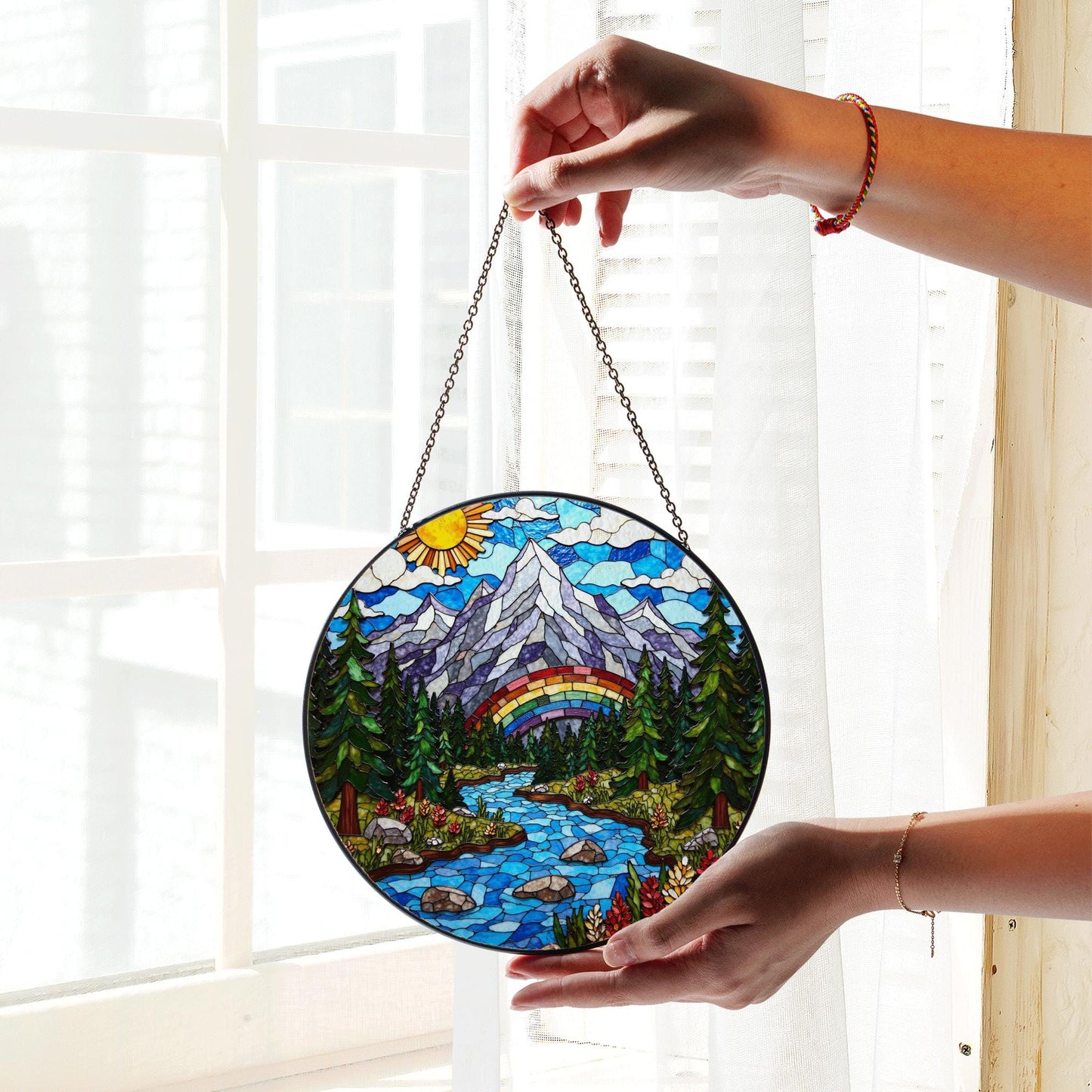 Mountain River Stained Glass Suncatcher Nature Decor Gift for Mom Dad Friends