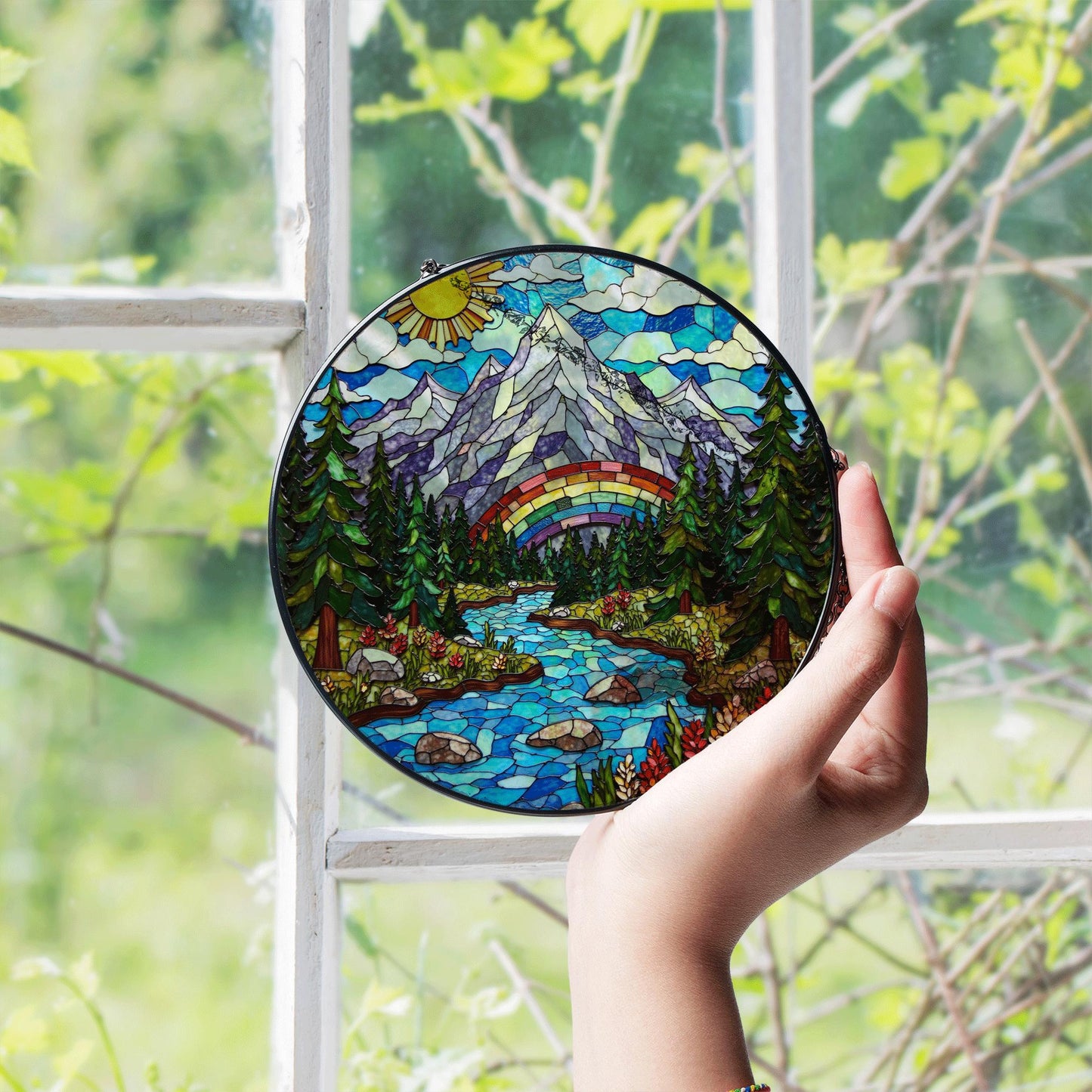 Mountain River Stained Glass Suncatcher Nature Decor Gift for Mom Dad Friends