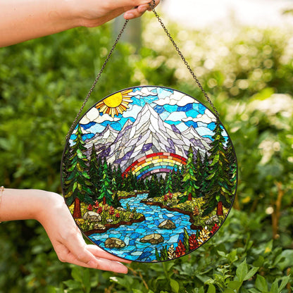 Mountain River Stained Glass Suncatcher Nature Decor Gift for Mom Dad Friends