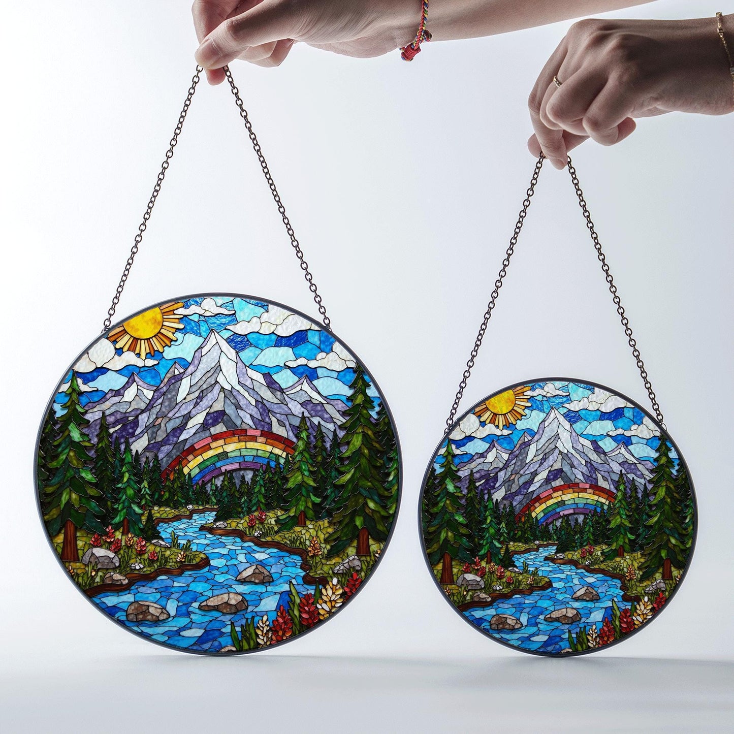 Mountain River Stained Glass Suncatcher Nature Decor Gift for Mom Dad Friends