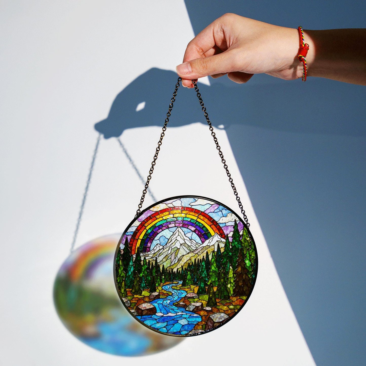 Mountain River Stained Glass Suncatcher Nature Window Hanging Gift for Hikers Campers
