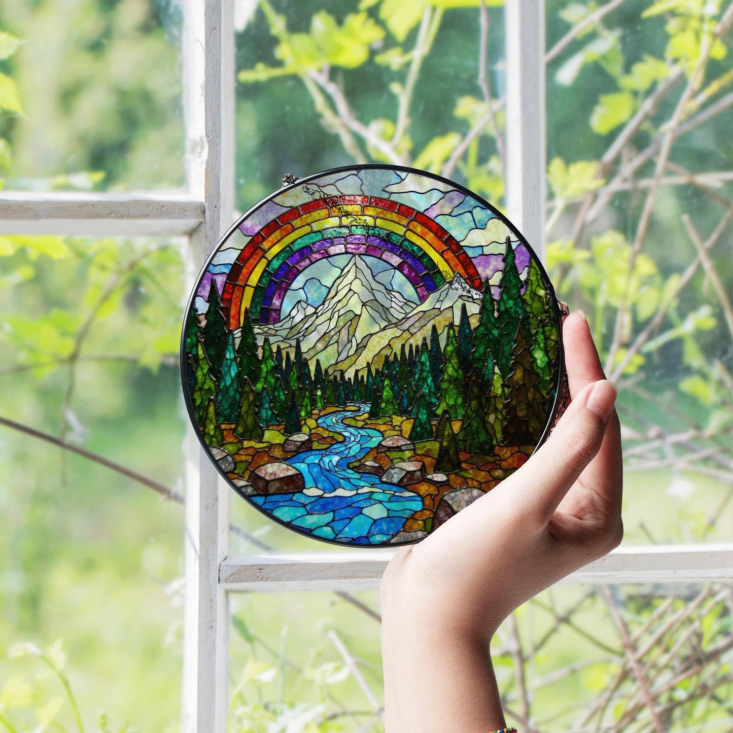Mountain River Stained Glass Suncatcher Nature Window Hanging Gift for Hikers Campers