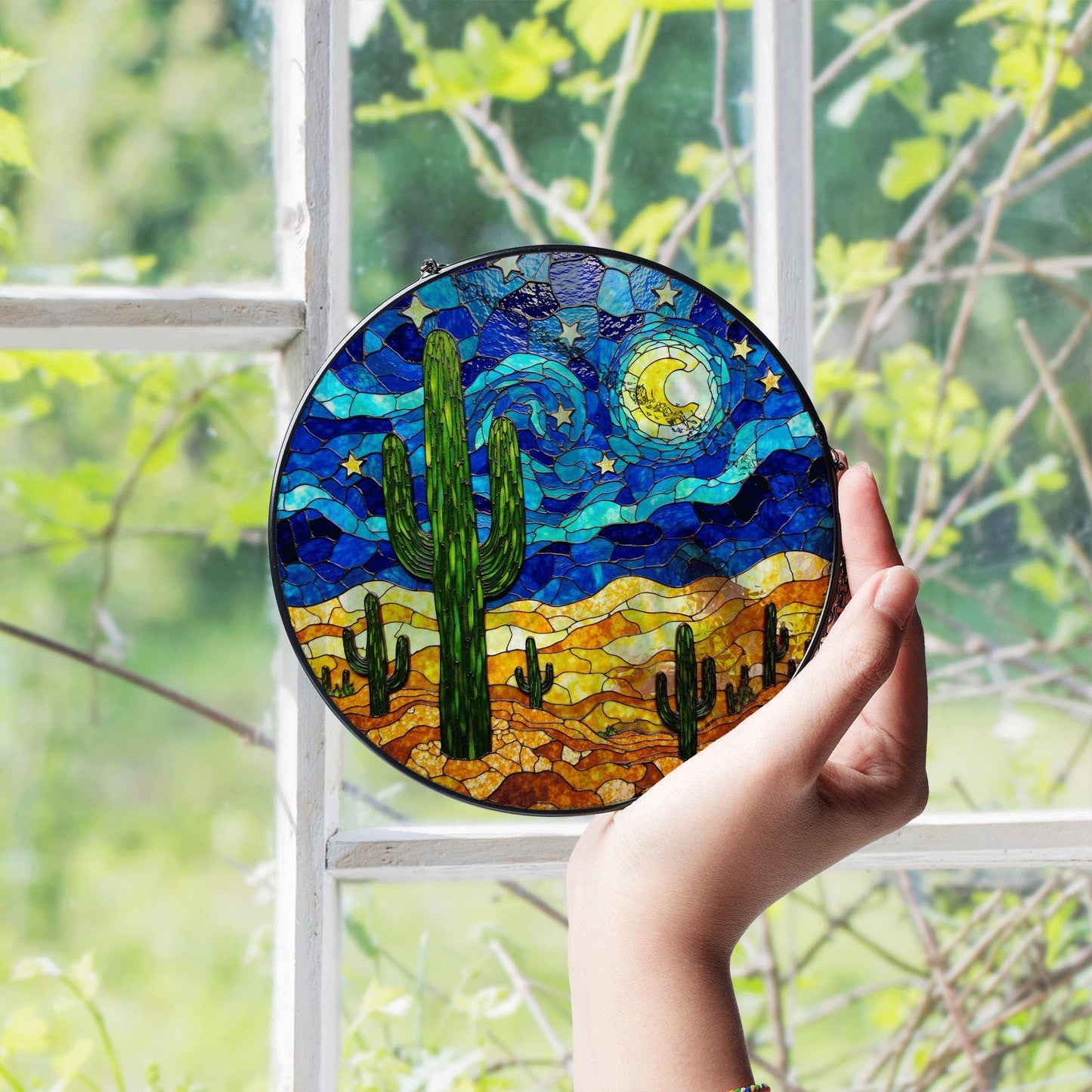 Desert Cactus Stained Glass Suncatcher Window Hanging Gift for Nature Lovers