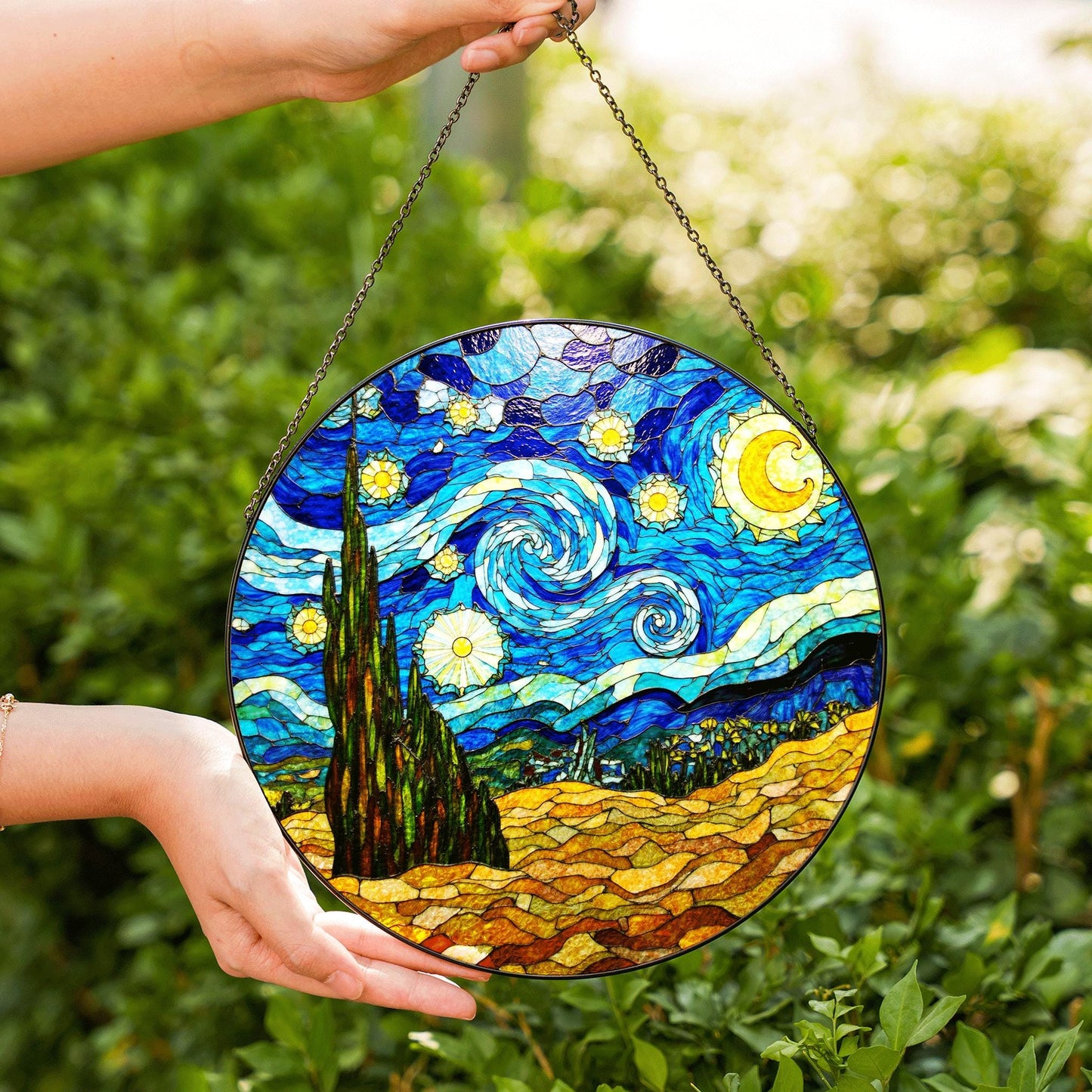 Starry Night Stained Glass Suncatcher Window Decor Gift for Art Lovers