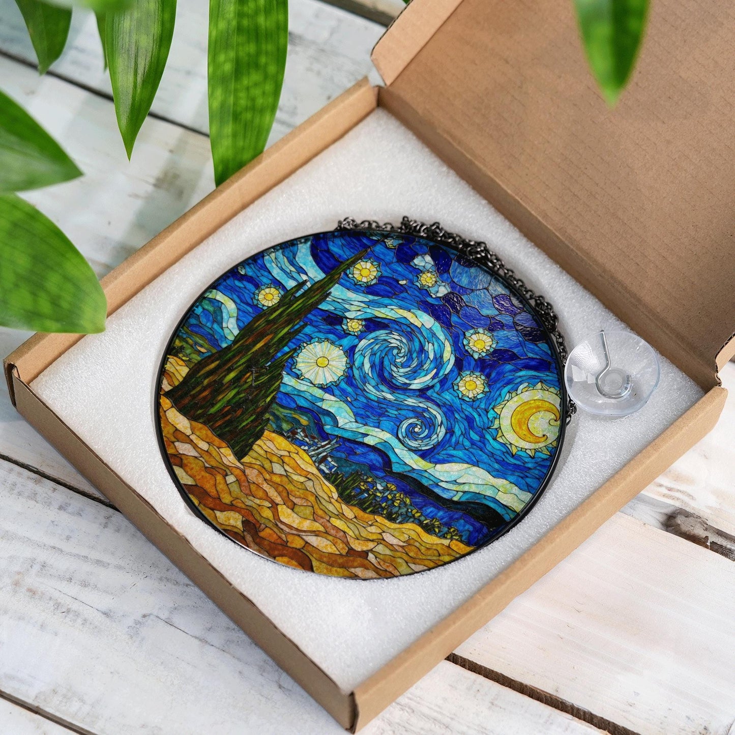 Starry Night Stained Glass Suncatcher Window Decor Gift for Art Lovers