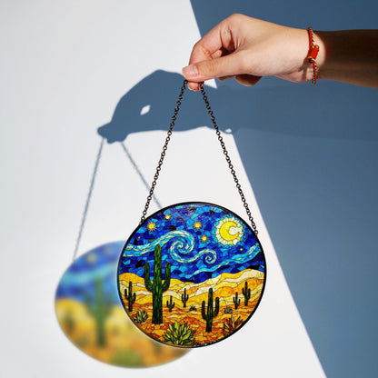 Desert Night Sky Suncatcher Stained Glass Cactus Decor Gift for Nature Lovers