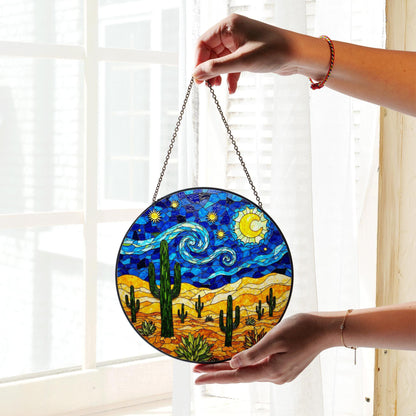 Desert Night Sky Suncatcher Stained Glass Cactus Decor Gift for Nature Lovers
