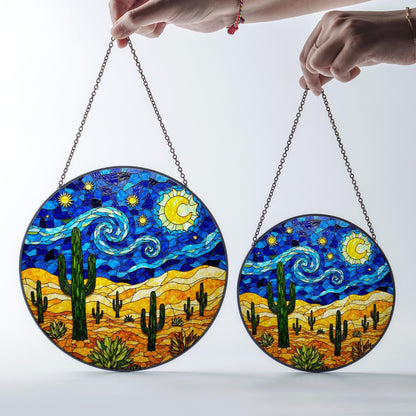 Desert Night Sky Suncatcher Stained Glass Cactus Decor Gift for Nature Lovers