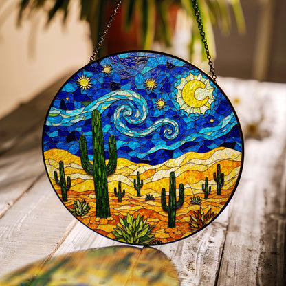 Desert Night Sky Suncatcher Stained Glass Cactus Decor Gift for Nature Lovers