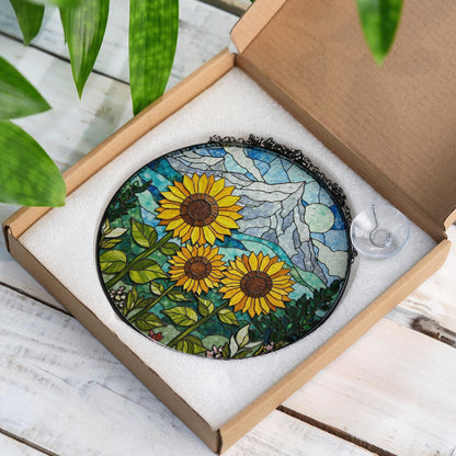 Sunflower Stained Glass Suncatcher Mountain Art Window Hanging Gift for Nature Lovers