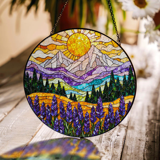 Mountain Sun Suncatcher Stained Glass Window Hanging Gift for Nature Lovers