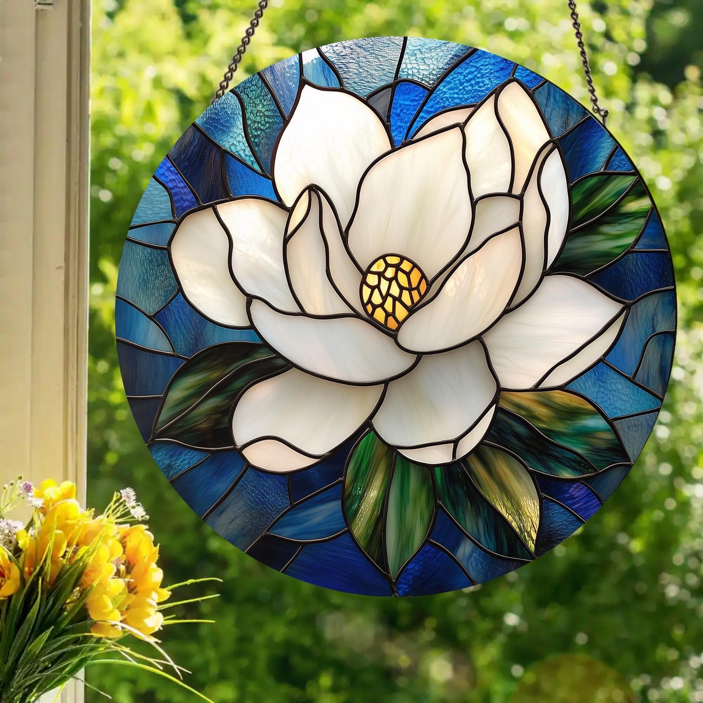 Magnolia Flower: Stained Glass Style Window Hanging