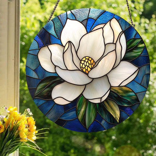 Magnolia Flower: Stained Glass Style Window Hanging