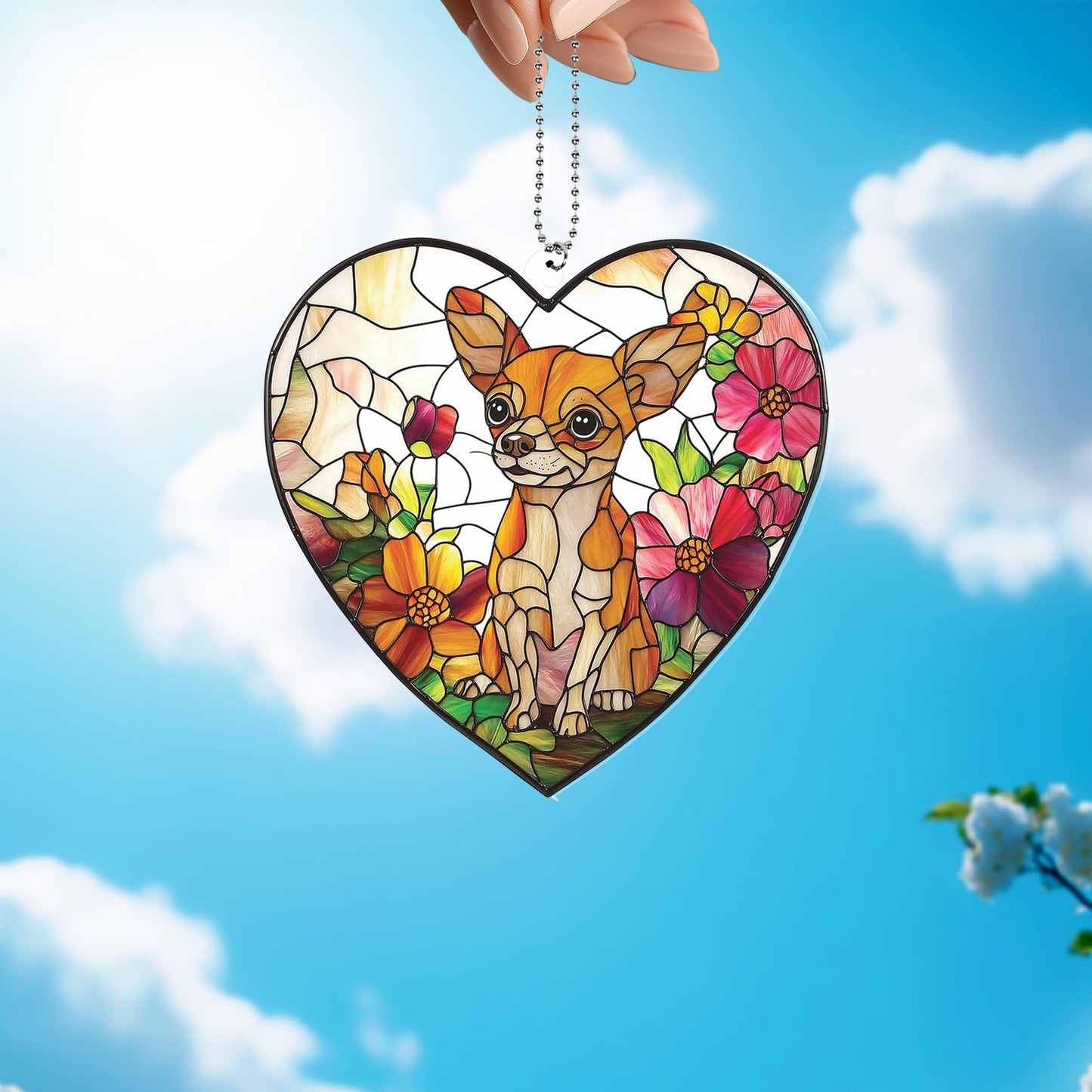 Chihuahua Dog Window Hanging, Acrylic 2D Flat Flower Ornament, Pet Lover Decor, Floral Dog Art, Gift for Dog Mom, Memorial Gift