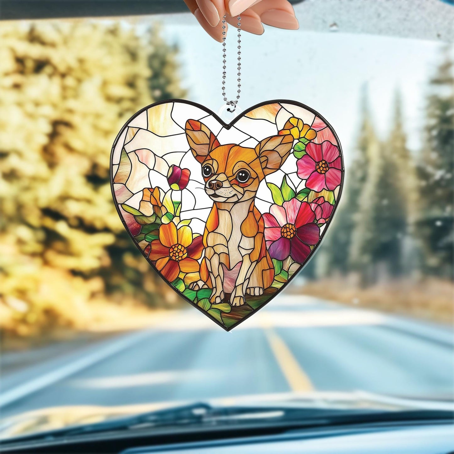 Chihuahua Dog Window Hanging, Acrylic 2D Flat Flower Ornament, Pet Lover Decor, Floral Dog Art, Gift for Dog Mom, Memorial Gift