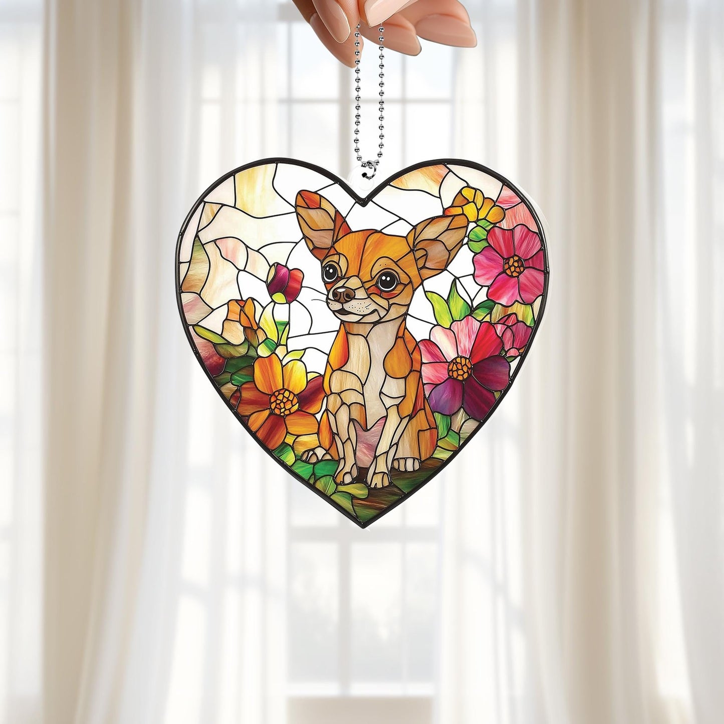 Chihuahua Dog Window Hanging, Acrylic 2D Flat Flower Ornament, Pet Lover Decor, Floral Dog Art, Gift for Dog Mom, Memorial Gift