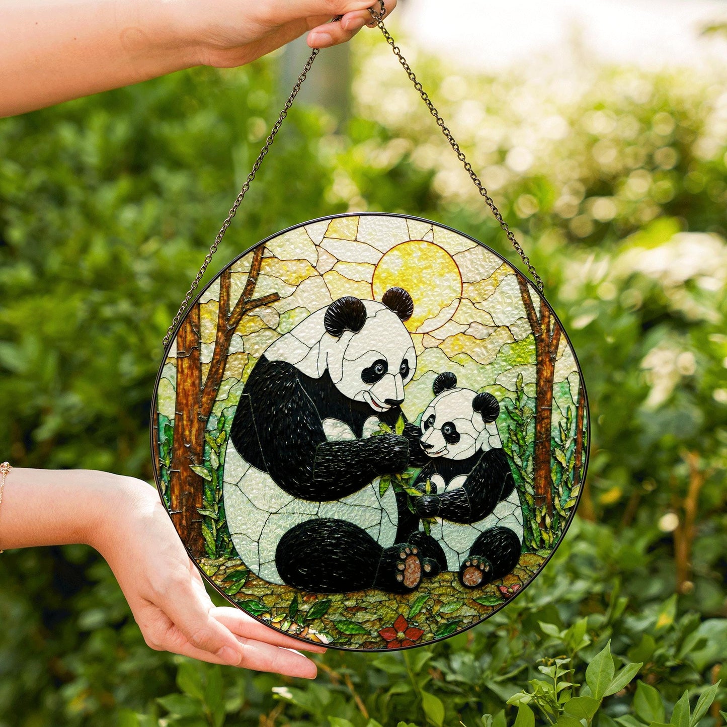 Panda Family Stained Glass Suncatcher Decorative Window Gift for Panda Lovers and Moms