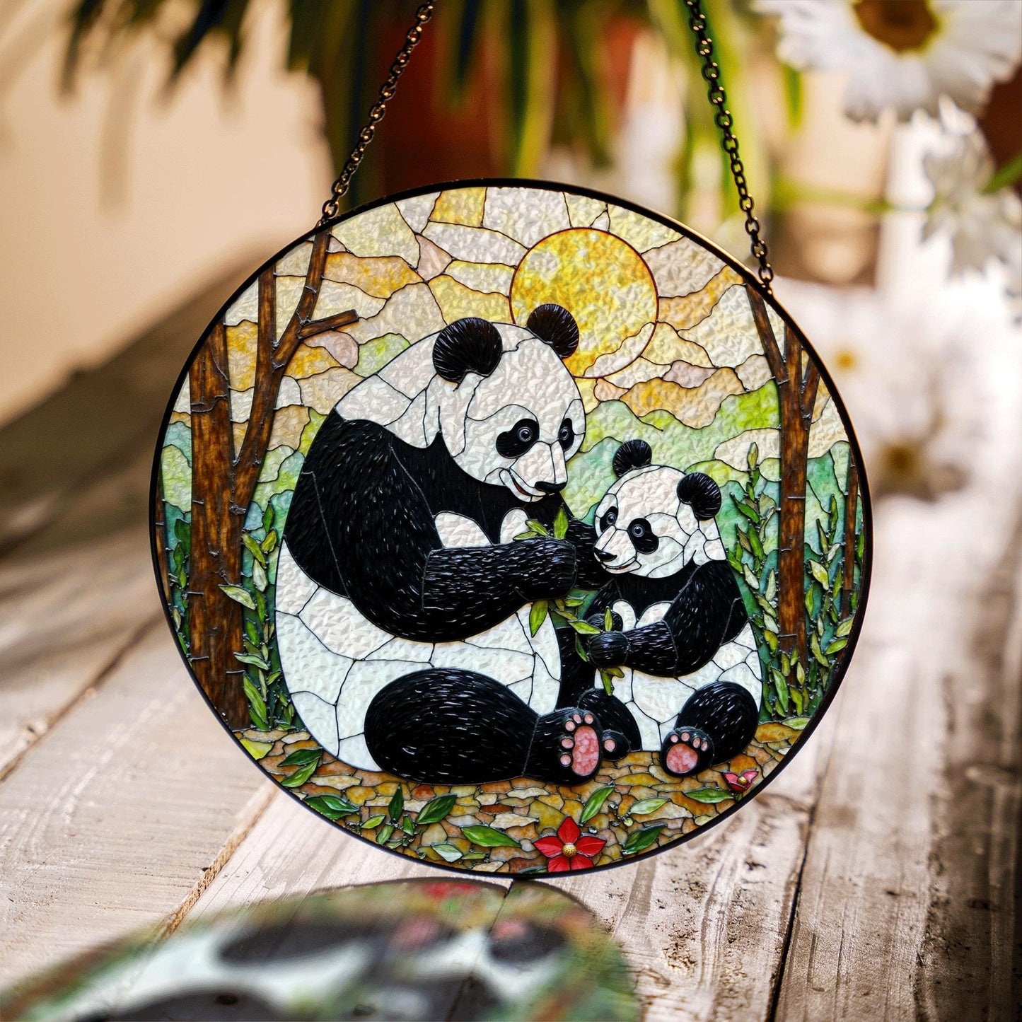 Panda Family Stained Glass Suncatcher Decorative Window Gift for Panda Lovers and Moms