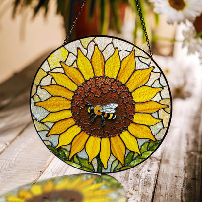 Sunflower Stained Glass Suncatcher Bee Decoration Gift for Garden Lovers