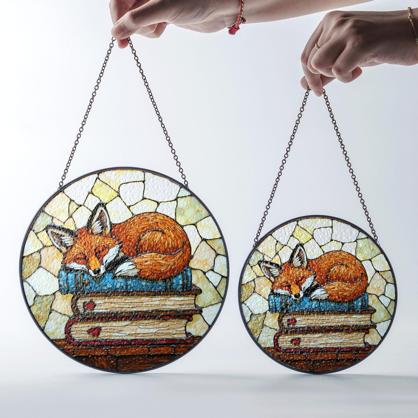 Fox Suncatcher Stained Glass Hanging Ornament Fox Sleeping on Books Perfect Gift for Book Lovers and Animal Enthusiasts