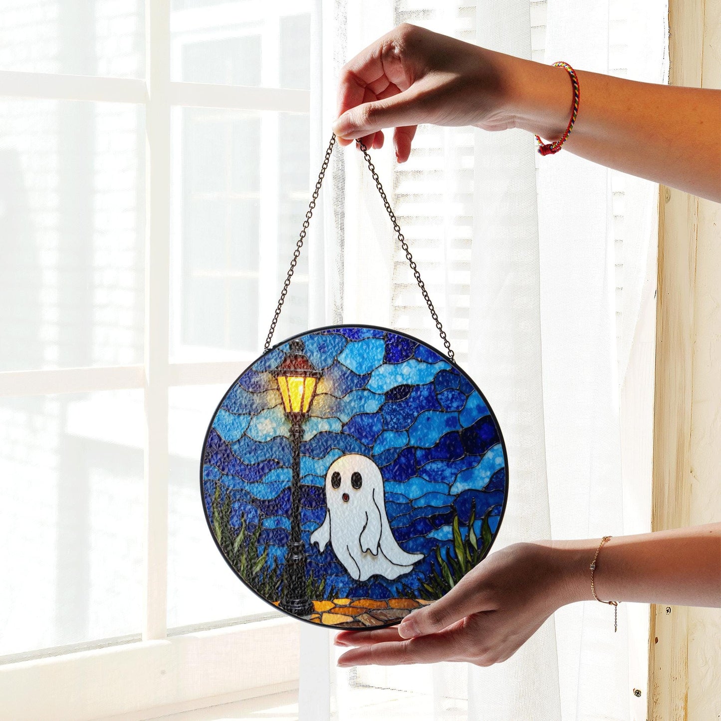 Ghost Suncatcher Stained Glass Lantern Window Art Gift for Halloween Lovers
