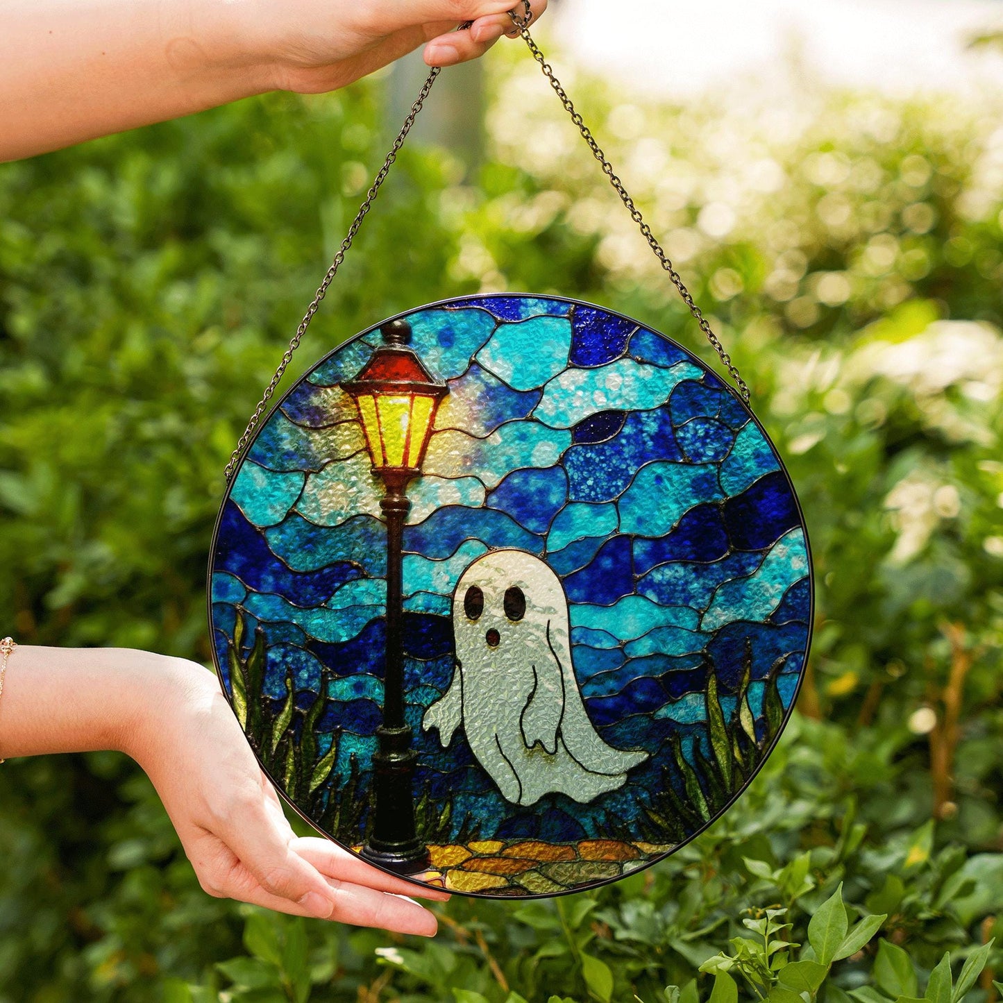 Ghost Suncatcher Stained Glass Lantern Window Art Gift for Halloween Lovers