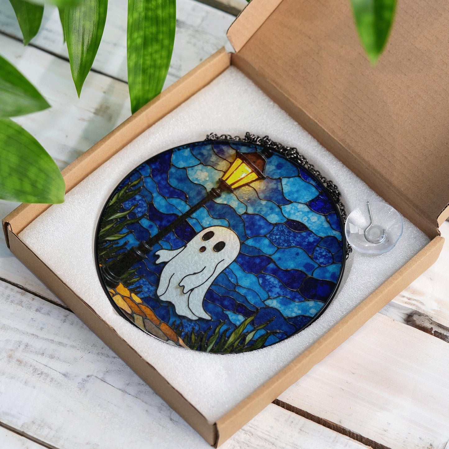 Ghost Suncatcher Stained Glass Lantern Window Art Gift for Halloween Lovers