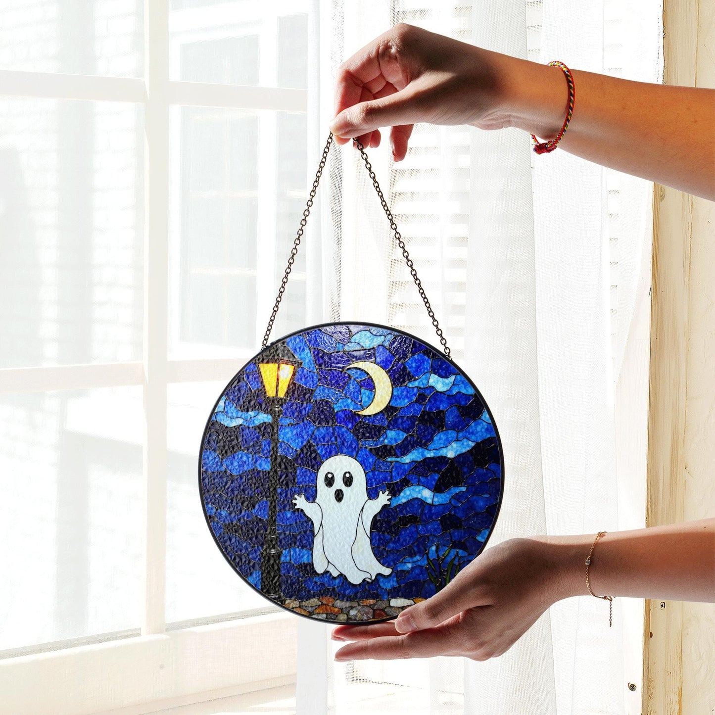 Ghost Stained Glass Suncatcher Halloween Window Decor Gift for Horror Lovers