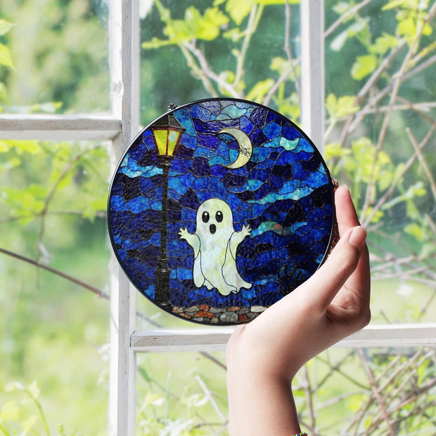 Ghost Stained Glass Suncatcher Halloween Window Decor Gift for Horror Lovers