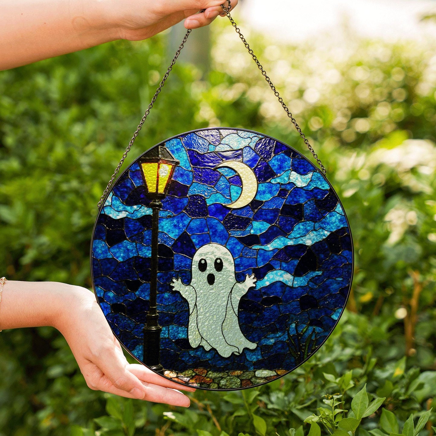 Ghost Stained Glass Suncatcher Halloween Window Decor Gift for Horror Lovers