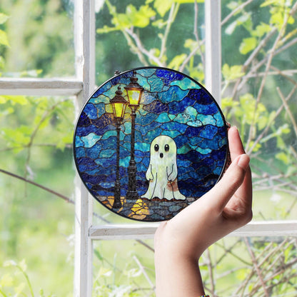 Ghost Stained Glass Suncatcher Cute Night Scene Window Hanging Gift for Halloween Lovers