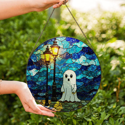 Ghost Stained Glass Suncatcher Cute Night Scene Window Hanging Gift for Halloween Lovers